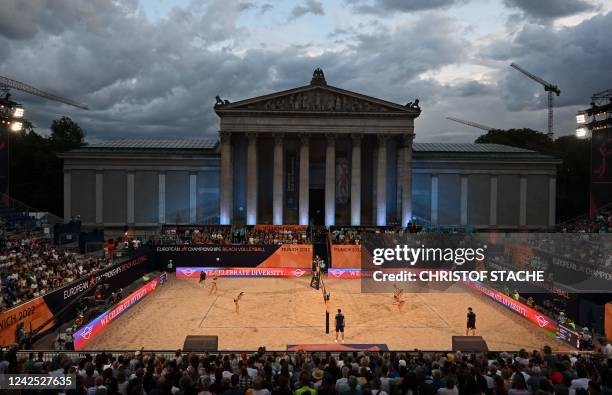Clouds are seen in the sky over the Beach Volleyball arena of the European Championships at the Koenigsplatz in Munich, southern Germany, on August...