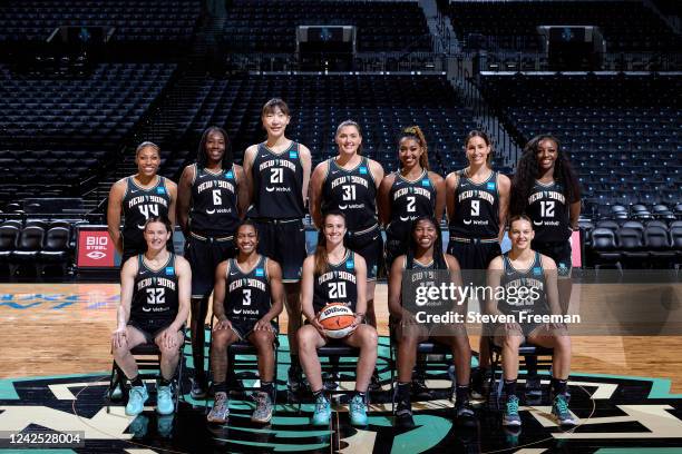 The New York Liberty pose for a team portrait at The Barclays Center on August 14, 2022 in New York, New York. NOTE TO USER: User expressly...