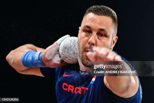 Croatia's Filip Mihaljevic competes in the men's Shot Put Final during the European Athletics Championships at the Olympic Stadium in Munich,...