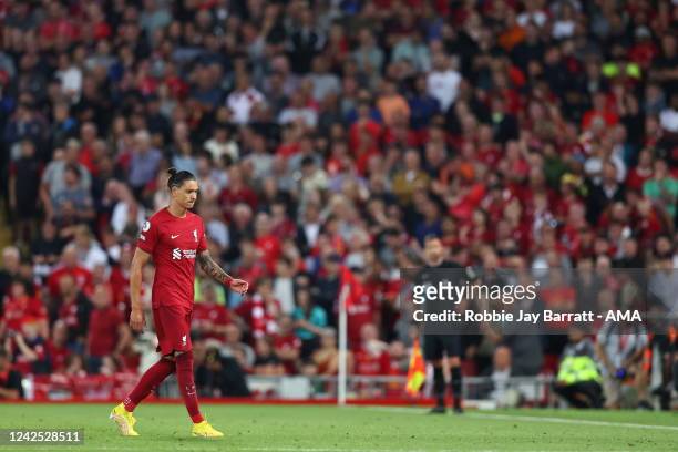 Darwin Nunez of Liverpool leaves the field after being shown a Red Card by Match referee Paul Tierney during the Premier League match between...