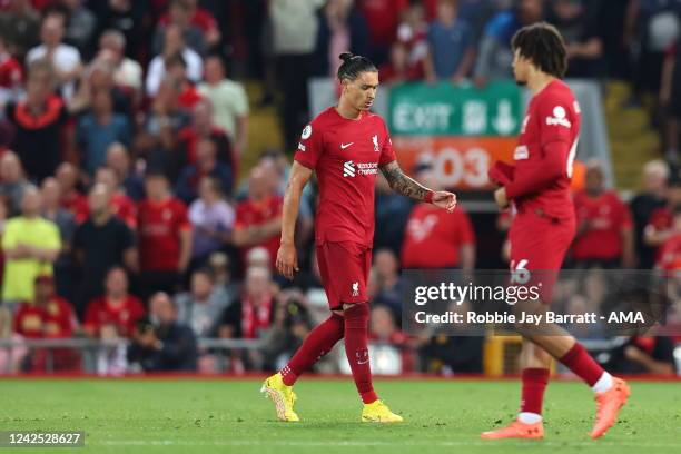 Darwin Nunez of Liverpool leaves the field after being shown a Red Card by Match referee Paul Tierney during the Premier League match between...