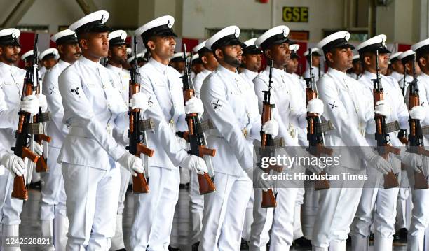 Indian Navy personnel during the 75th Independence Day parade at the Western Naval Command, on August 15, 2022 in Mumbai, India.