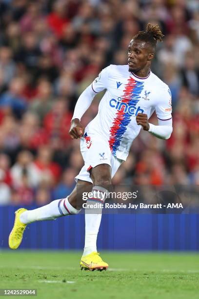 Wilfried Zaha of Crystal Palace during the Premier League match between Liverpool FC and Crystal Palace at Anfield on August 15, 2022 in Liverpool,...