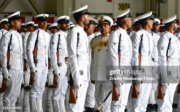 Indian Navy personnel during the 75th Independence Day parade at the Western Naval Command, on August 15, 2022 in Mumbai, India.