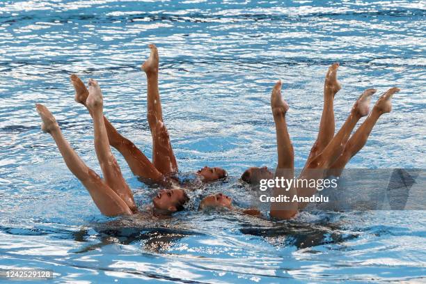 Ukraine's team competes in the free team final of artistic swimming at the European swimming championships in Rome, Italy on August 15, 2022.