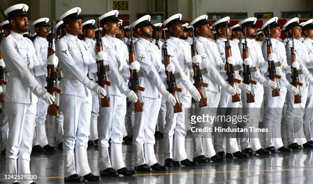 Indian Navy personnel during the 75th Independence Day parade at the Western Naval Command, on August 15, 2022 in Mumbai, India.