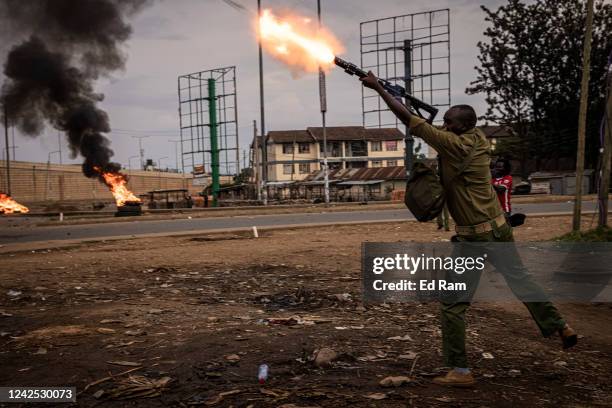 Police fire tear gas as people protest after election results were announced on August 15, 2022 in Kisumu, Kenya. Some protesters could be heard...
