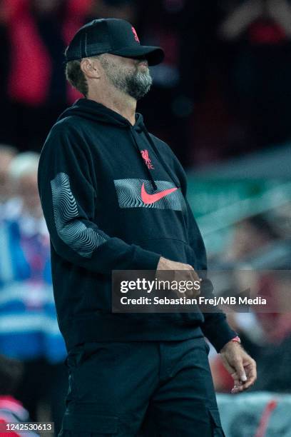 Manager Jurgen Klopp of Liverpool FC reacts during the Premier League match between Liverpool FC and Crystal Palace at Anfield on August 15, 2022 in...