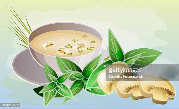 stockillustraties, clipart, cartoons en iconen met close-up of a bowl of mushroom soup with mushrooms - color crema