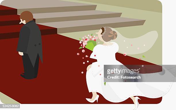 stockillustraties, clipart, cartoons en iconen met rear view of a bride running towards a groom - acute angle