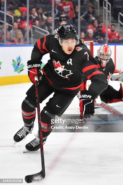 Donovan Sebrango of Canada skates during the game against Finland in the IIHF World Junior Championship on August 15, 2022 at Rogers Place in...