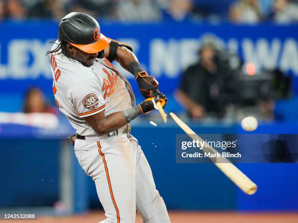 Jorge Mateo of the Baltimore Orioles breaks his bat on a single against the Toronto Blue Jays in the eighth inning at the Rogers Centre on August 15,...