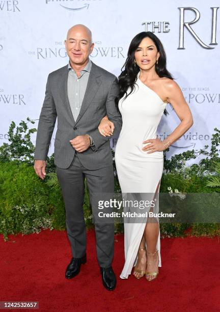 Jeff Bezos and Lauren Sanchez arrive at the Los Angeles premiere of the Prime Video series "Lord of the Rings: The Rings of Power" held at The Culver...