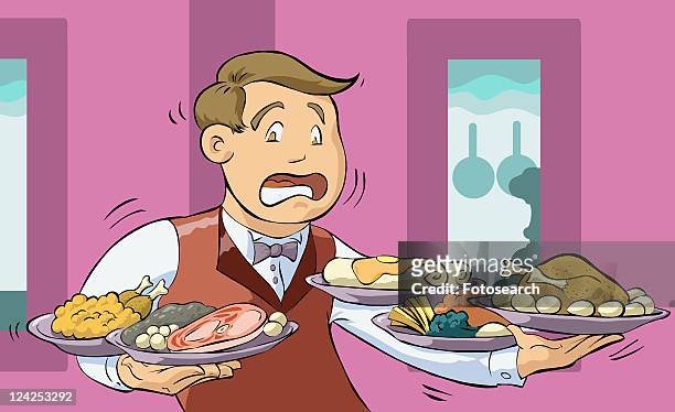 close-up of a young man holding plates of meat - man looking inside mouth illustrated stock illustrations