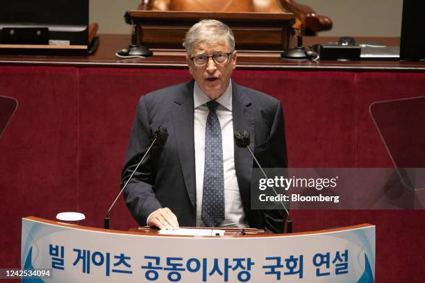 Bill Gates, co-chairman of the Bill and Melinda Gates Foundation, makes an address at the National Assembly in Seoul, South Korea, on Tuesday, Aug....