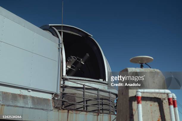 The double coronagraph seen from the outside of the station as the dome is fully opened at the Lomnicky Observatory Station run by the Astronomical...