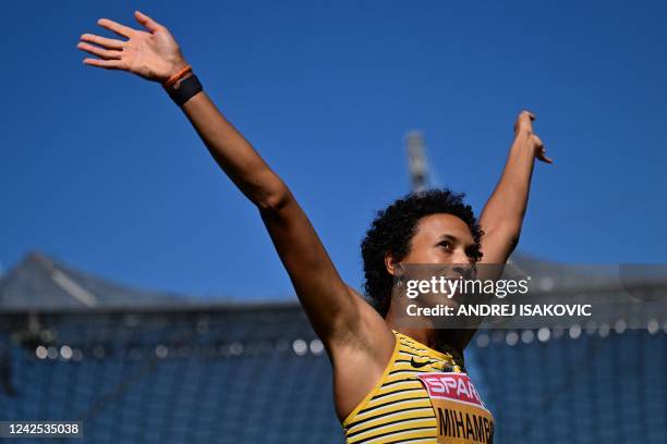 Germany's Malaika Mihambo reacts after competing in the women's Long Jump qualification during the European Athletics Championships in Munich,...