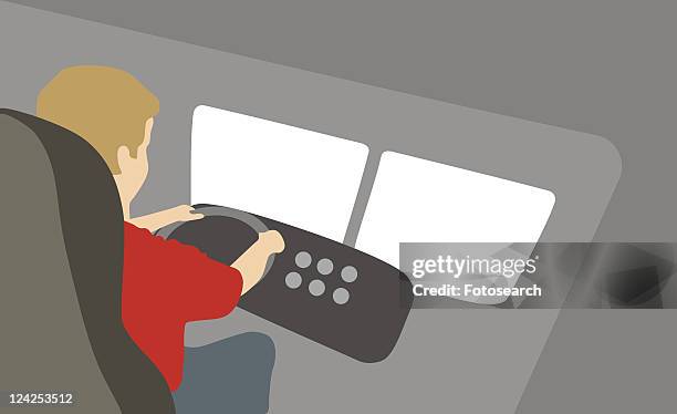 ilustrações, clipart, desenhos animados e ícones de rear view of a young man driving a vehicle - mode