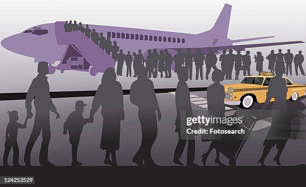 ilustrações, clipart, desenhos animados e ícones de passengers boarding an airplane - mode