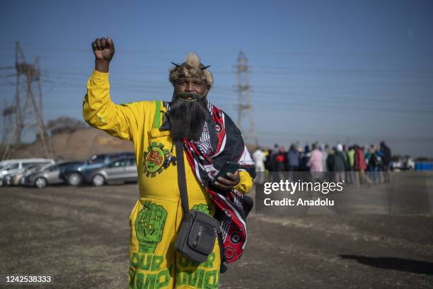 Members of Association of Mineworkers and Construction Union take part in a commemoration on the 10th anniversary of Marikana massacre in Rustenburg,...