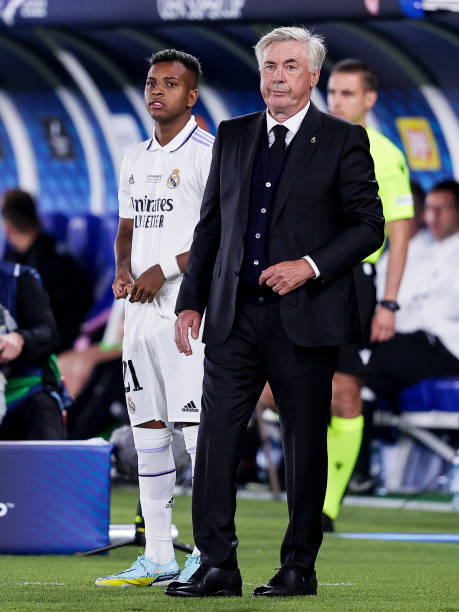 Rodrygo Silva de Goes of Real Madrid, coach Carlo Ancelotti of Real Madrid during the UEFA Super Cup match between Real Madrid v Eintracht Frankfurt...