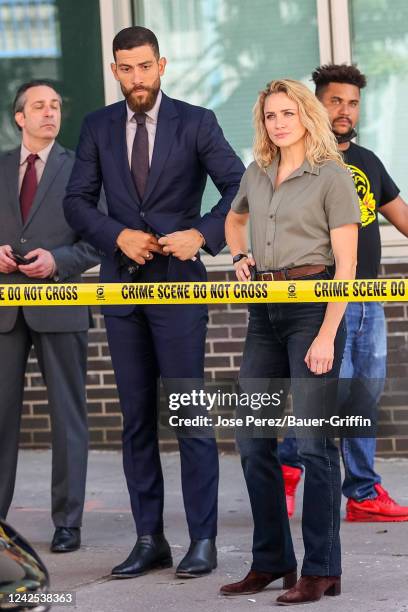 Shantel VanSanten and Zeeko Zaki are seen at film set of the 'FBI' TV Series on August 15, 2022 in New York City.