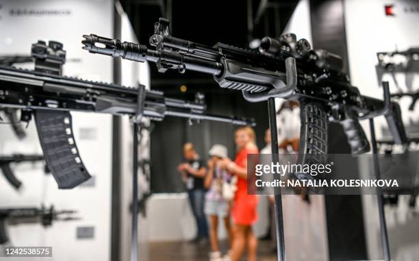 This picture taken on August 16 shows a Kalashnikov submachine gun exhibited during the Army-2022 International Military-Technical Forum at the...