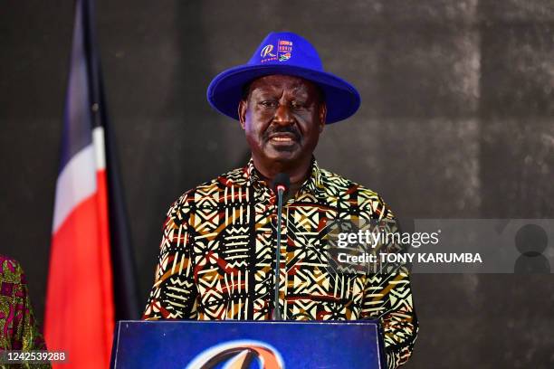 Kenya's defeated presidential candidate Raila Odinga speaks during a press conference at the Kenyatta International Convention Centre in Nairobi on...