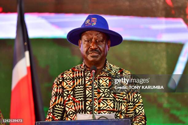 Kenya's defeated presidential candidate Raila Odinga speaks during a press conference at the Kenyatta International Convention Centre in Nairobi on...
