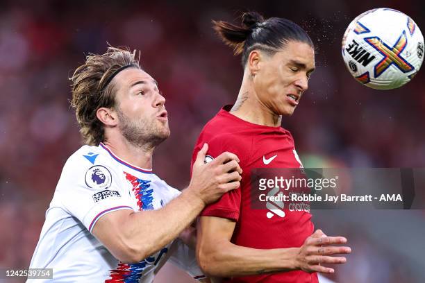 Joachim Andersen of Crystal Palace and Darwin Nunez of Liverpool during the Premier League match between Liverpool FC and Crystal Palace at Anfield...