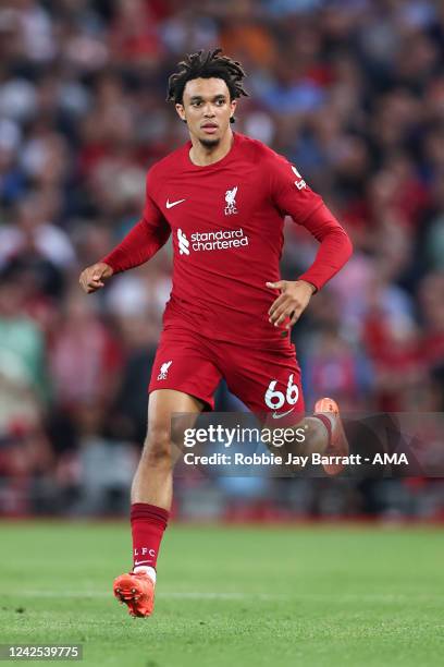 Trent Alexander-Arnold of Liverpool during the Premier League match between Liverpool FC and Crystal Palace at Anfield on August 15, 2022 in...