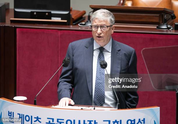 Bill Gates, co-chairman of the Bill and Melinda Gates Foundation, makes an address at the National Assembly in Seoul, South Korea, on August 16,...