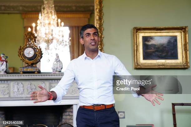 Former Chancellor of the Exchequer Rishi Sunak speaks during a visit to Cluny Castle in Inverurie during a campaign visit on August 16, 2022 in...
