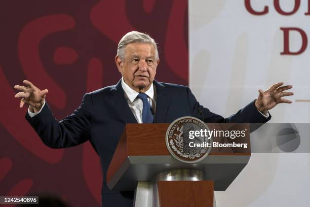 Andres Manuel Lopez Obrador, Mexico's president, speaks during a news conference in Mexico City, Mexico, on Tuesday, Aug 16, 2022. President Lopez...