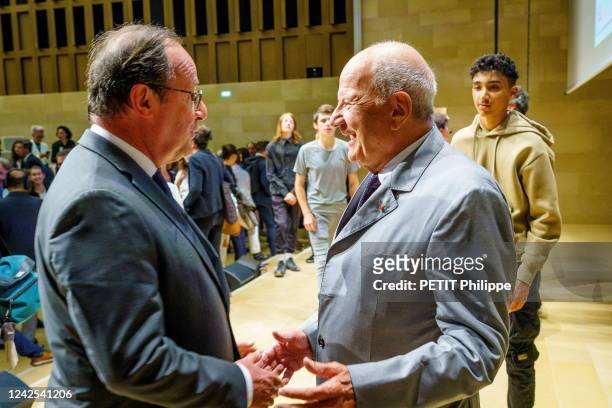 François Hollande and Marc Ladreit de Lacharriere are photographed for Paris Match at the award ceremony of the 2022 edition of the Artistic and...