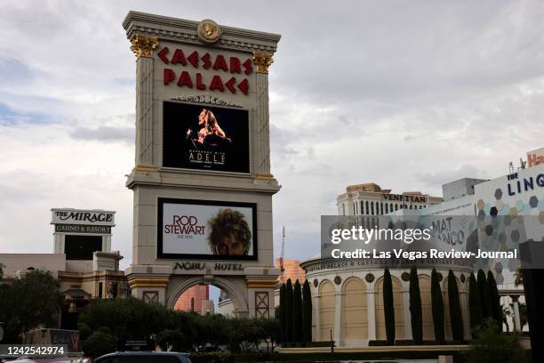 An ad announcing the &quot;Weekends With Adele&quot; residency on the marquee at Caesars Palace on the Strip in Las Vegas on July 25, 2022.