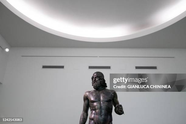 One of the Riace Bronzes statue is seen at the Museo Nazionale della Magna Grecia in Reggio Calabria on August 16, 2022 - Italy marks 50 years since...