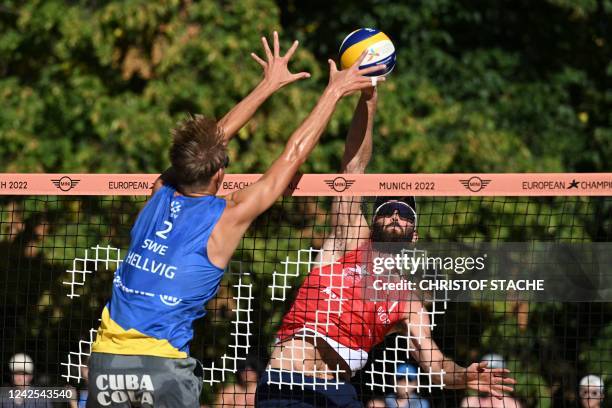 Norway's Hendrik Mol and Sweden's Jonatan Hellvig vie during the Men's Preliminary match between Sweden's David Ahman and Jonatan Hellvig against...