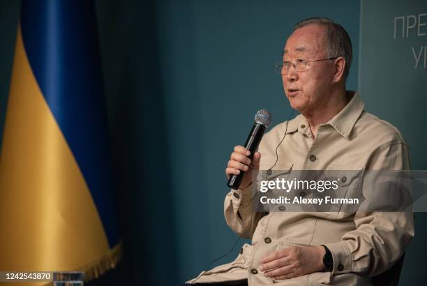 Former UN Secretary General Ban Ki-moon speaks during a joint press conference with the Head of the Office of the President of Ukraine Andrii Yermak...