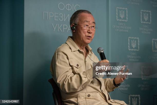 Former UN Secretary General Ban Ki-moon speaks during a joint press conference with the Head of the Office of the President of Ukraine Andrii Yermak...