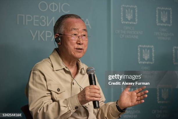 Former UN Secretary General Ban Ki-moon speaks during a joint press conference with the Head of the Office of the President of Ukraine Andrii Yermak...