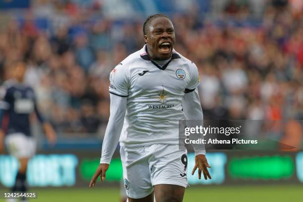 Michael Obafemi of Swansea City celebrates his goal during the Sky Bet Championship match between Swansea City and Millwall at the Swansea.com...