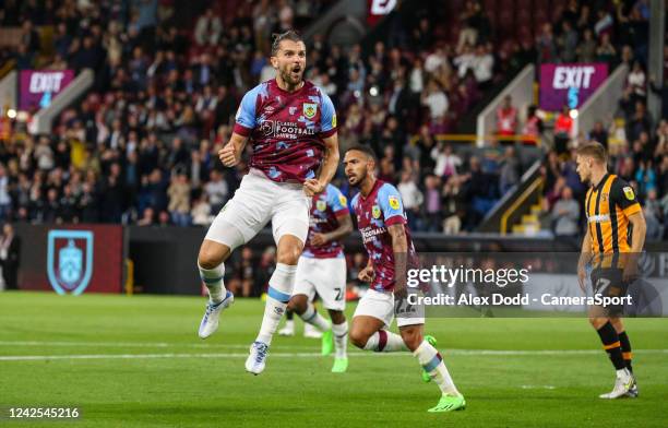 Burnley's Jay Rodriguez celebrates scoring his side's first goal during the Sky Bet Championship between Burnley and Hull City at Turf Moor on August...