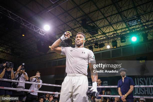 British boxer Anthony Joshua attends a training session at Club Saudi Arabian Airlines prior to his boxing match with Ukrainian boxer Oleksandr Usyk...