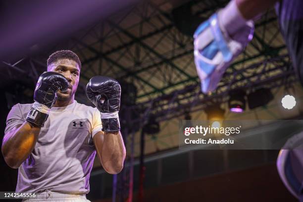 British boxer Anthony Joshua attends a training session at Club Saudi Arabian Airlines prior to his boxing match with Ukrainian boxer Oleksandr Usyk...