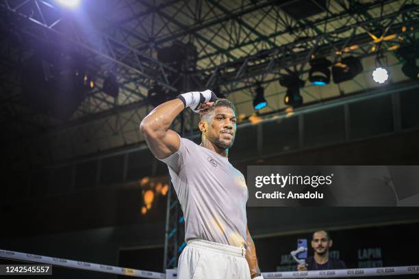 British boxer Anthony Joshua attends a training session at Club Saudi Arabian Airlines prior to his boxing match with Ukrainian boxer Oleksandr Usyk...