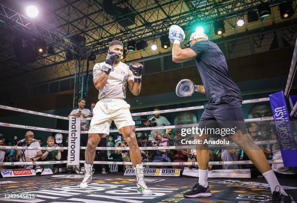 British boxer Anthony Joshua attends a training session at Club Saudi Arabian Airlines prior to his boxing match with Ukrainian boxer Oleksandr Usyk...