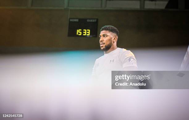 British boxer Anthony Joshua attends a training session at Club Saudi Arabian Airlines prior to his boxing match with Ukrainian boxer Oleksandr Usyk...