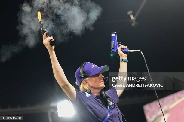 Race offical uses a starter pistol following technical problems to start the men's Decathlon 1500m final during the European Athletics Championships...