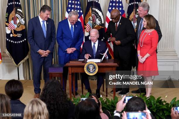 President Joe Biden smiles after signing H.R. 5376, the Inflation Reduction Act of 2022, in the State Dining Room of the White House in Washington,...